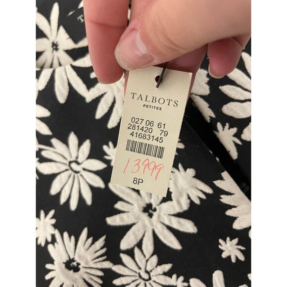 Talbots Women Jacquard Coat 8P Black White Floral Daisies Pockets Mid Length NWT - Picture 5 of 10